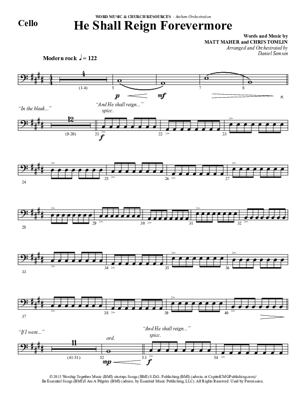 He Shall Reign Forevermore (Choral Anthem SATB) Cello (Word Music Choral / Arr. Daniel Semsen)