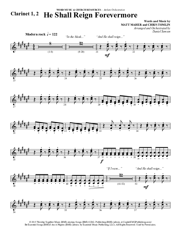 He Shall Reign Forevermore (Choral Anthem SATB) Clarinet 1/2 (Word Music Choral / Arr. Daniel Semsen)