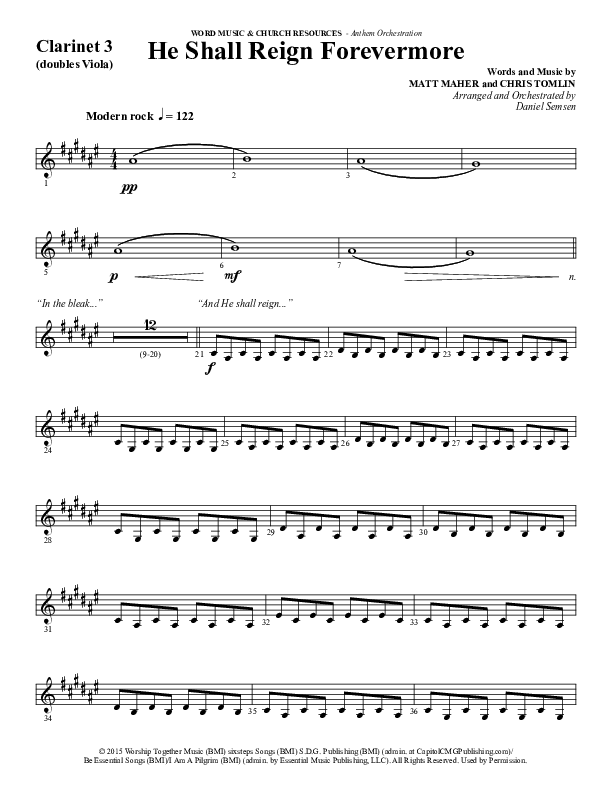 He Shall Reign Forevermore (Choral Anthem SATB) Clarinet 3 (Word Music Choral / Arr. Daniel Semsen)