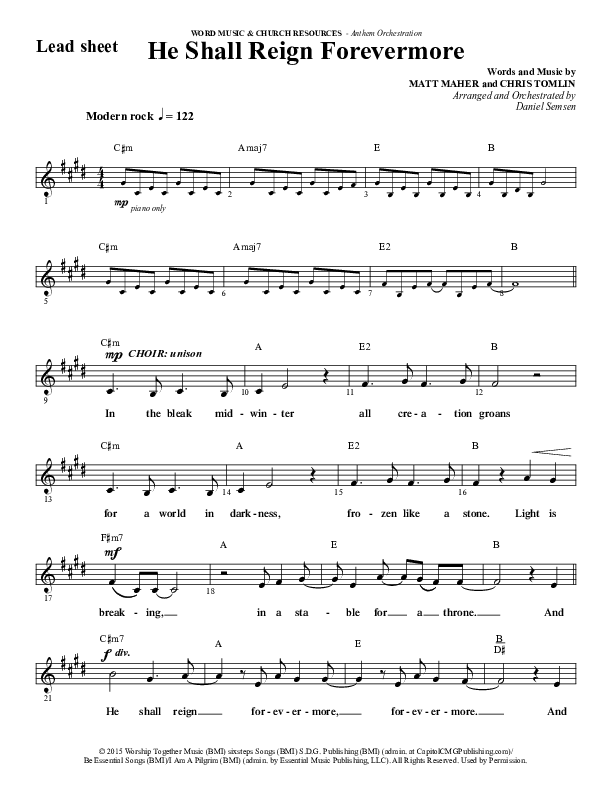 He Shall Reign Forevermore (Choral Anthem SATB) Lead Sheet (Melody) (Word Music Choral / Arr. Daniel Semsen)
