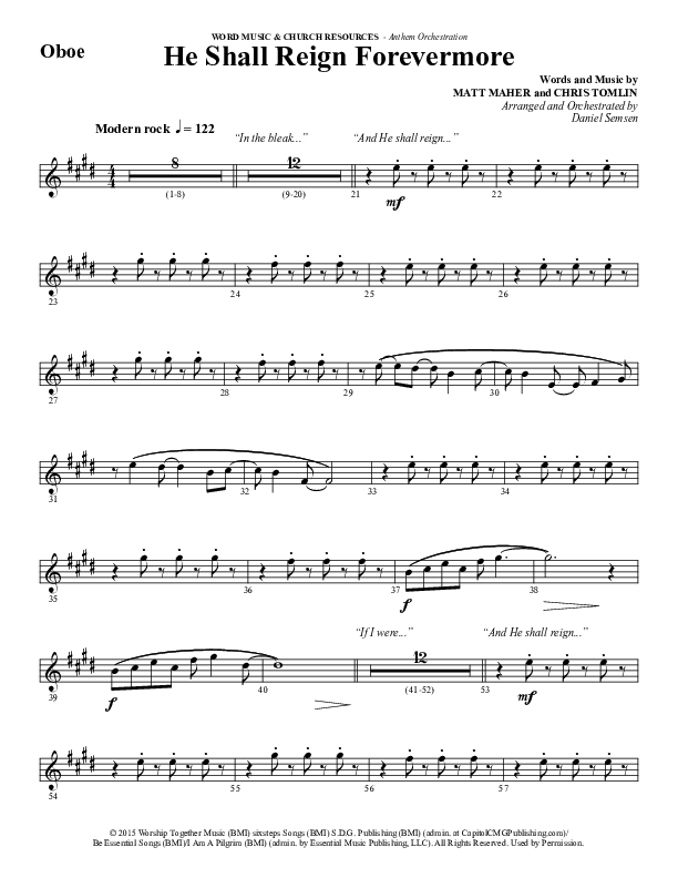He Shall Reign Forevermore (Choral Anthem SATB) Oboe (Word Music Choral / Arr. Daniel Semsen)