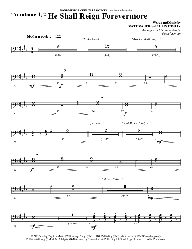 He Shall Reign Forevermore (Choral Anthem SATB) Trombone 1/2 (Word Music Choral / Arr. Daniel Semsen)
