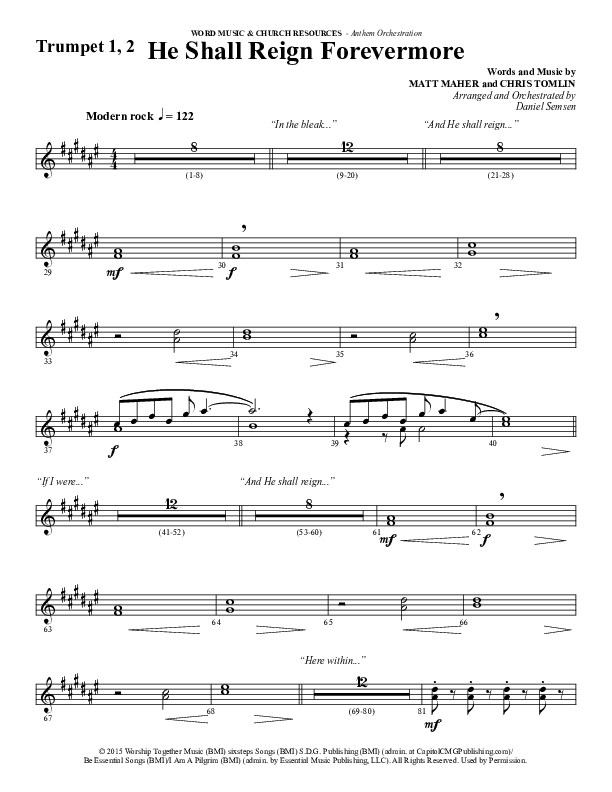 He Shall Reign Forevermore (Choral Anthem SATB) Trumpet 1,2 (Word Music Choral / Arr. Daniel Semsen)