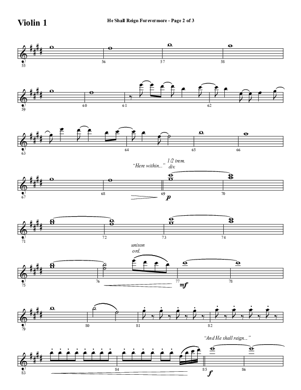 He Shall Reign Forevermore (Choral Anthem SATB) Violin 1 (Word Music Choral / Arr. Daniel Semsen)