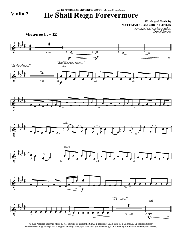 He Shall Reign Forevermore (Choral Anthem SATB) Violin 2 (Word Music Choral / Arr. Daniel Semsen)