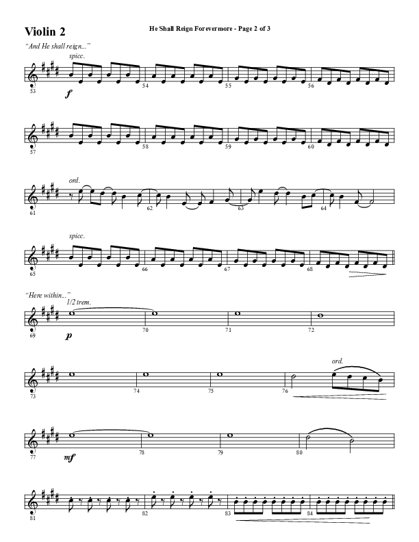 He Shall Reign Forevermore (Choral Anthem SATB) Violin 2 (Word Music Choral / Arr. Daniel Semsen)