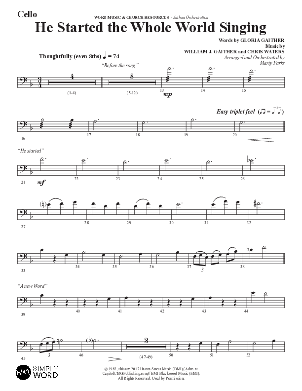 He Started The Whole World Singing (Choral Anthem SATB) Cello (Word Music Choral / Arr. Marty Parks)