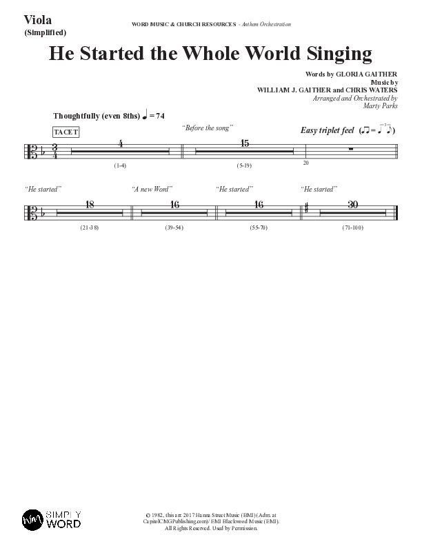 He Started The Whole World Singing (Choral Anthem SATB) Viola (Word Music Choral / Arr. Marty Parks)