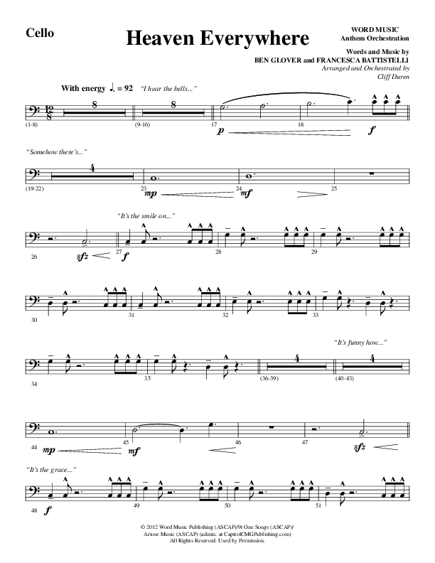 Heaven Everywhere (Choral Anthem SATB) Cello (Word Music Choral / Arr. Cliff Duren)