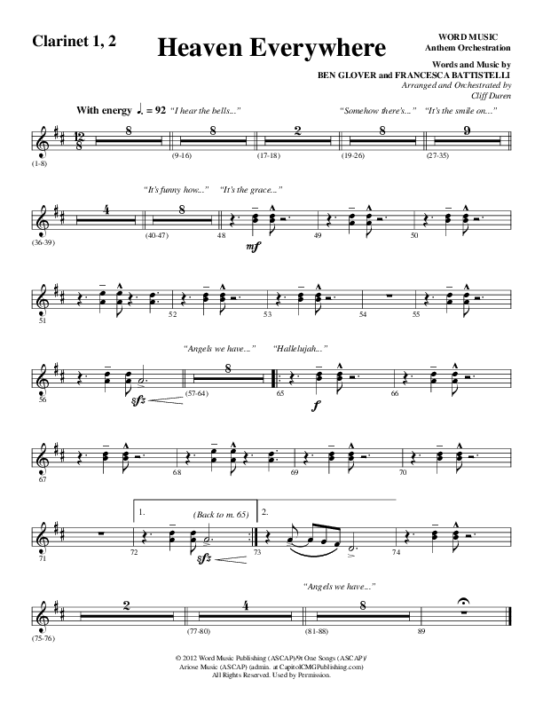 Heaven Everywhere (Choral Anthem SATB) Clarinet 1/2 (Word Music Choral / Arr. Cliff Duren)