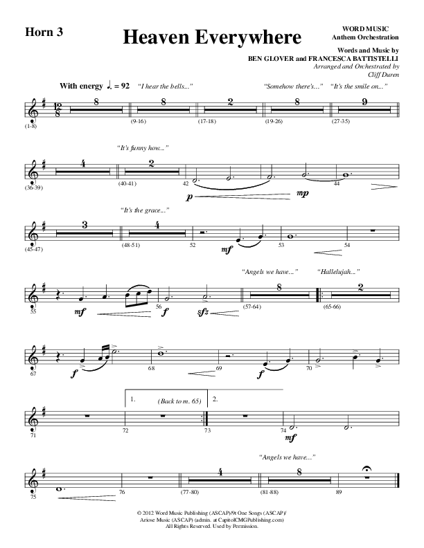 Heaven Everywhere (Choral Anthem SATB) French Horn 3 (Word Music Choral / Arr. Cliff Duren)