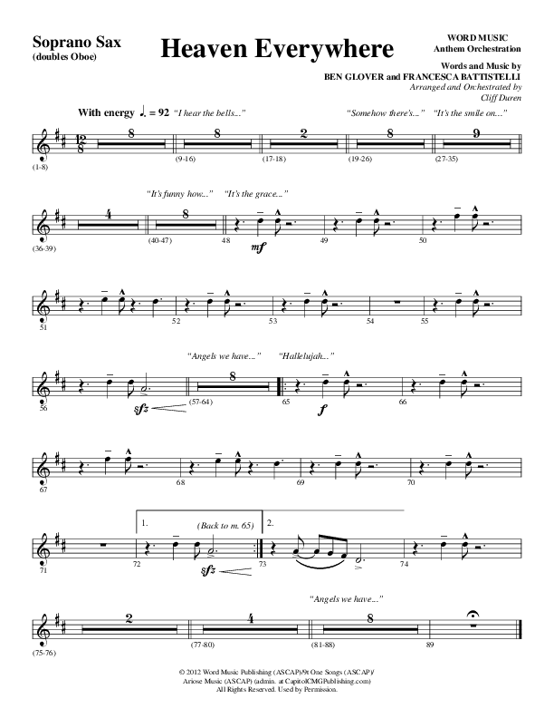 Heaven Everywhere (Choral Anthem SATB) Soprano Sax (Word Music Choral / Arr. Cliff Duren)