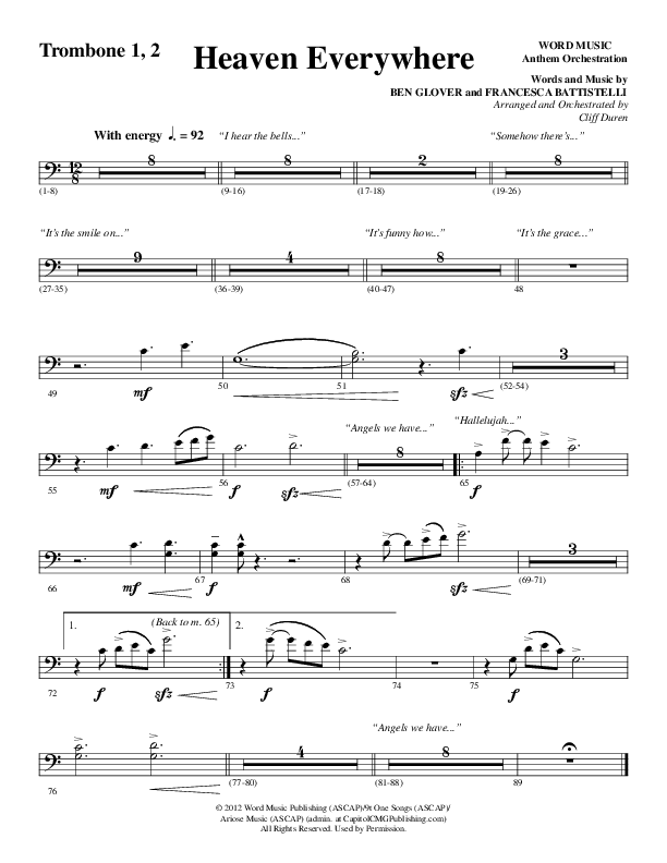Heaven Everywhere (Choral Anthem SATB) Trombone 1/2 (Word Music Choral / Arr. Cliff Duren)