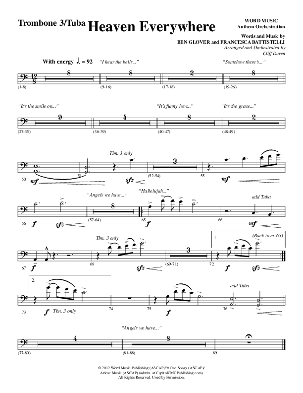 Heaven Everywhere (Choral Anthem SATB) Trombone 3/Tuba (Word Music Choral / Arr. Cliff Duren)