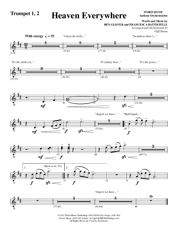 Heaven Everywhere (Choral Anthem SATB) Trumpet 1,2 (Word Music Choral / Arr. Cliff Duren)