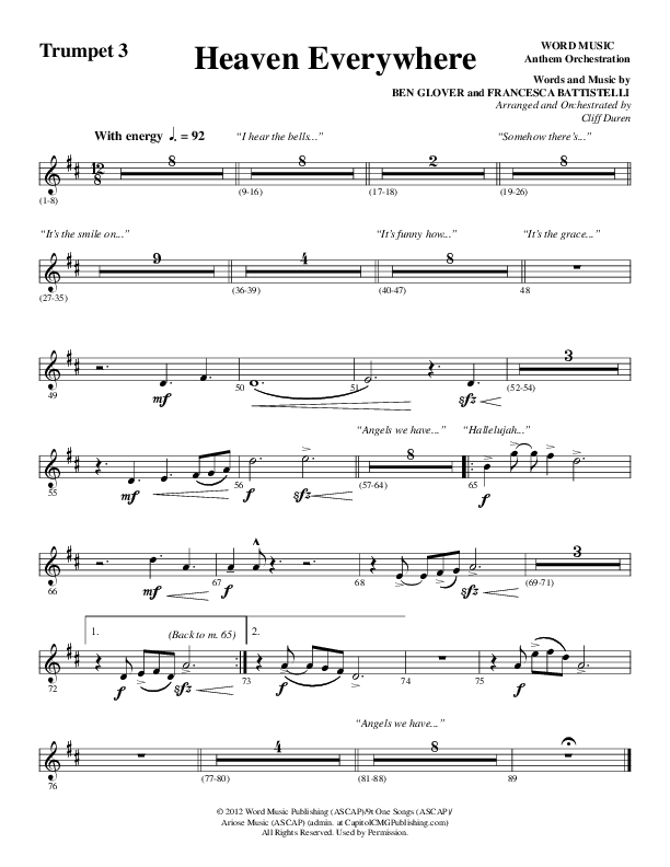 Heaven Everywhere (Choral Anthem SATB) Trumpet 3 (Word Music Choral / Arr. Cliff Duren)