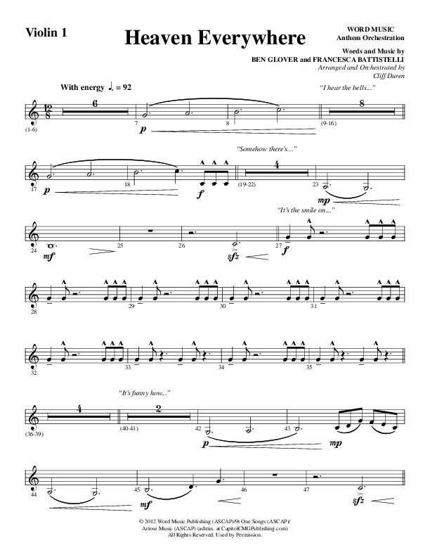 Heaven Everywhere (Choral Anthem SATB) Violin 1 (Word Music Choral / Arr. Cliff Duren)