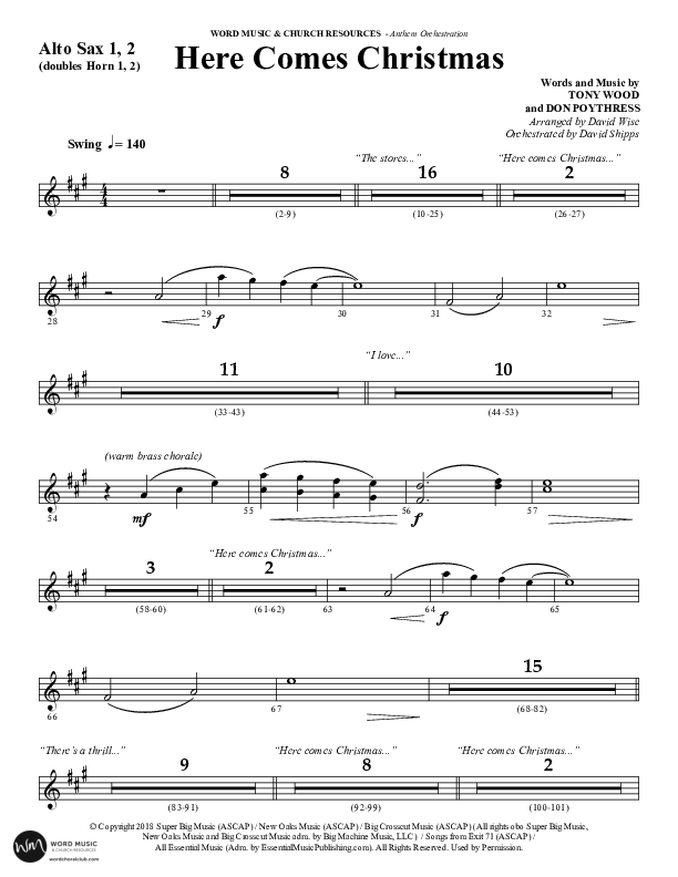 Here Comes Christmas (Choral Anthem SATB) Alto Sax 1/2 (Word Music Choral / Arr. David Wise / Arr. David Shipps)