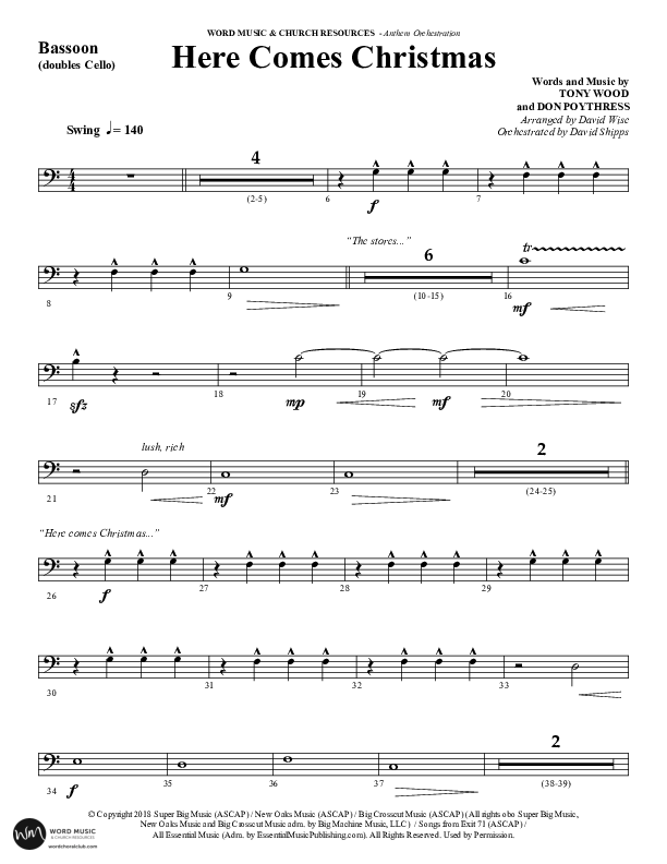 Here Comes Christmas (Choral Anthem SATB) Bassoon (Word Music Choral / Arr. David Wise / Arr. David Shipps)