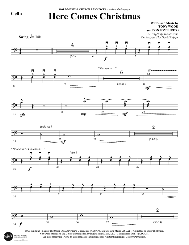Here Comes Christmas (Choral Anthem SATB) Cello (Word Music Choral / Arr. David Wise / Arr. David Shipps)