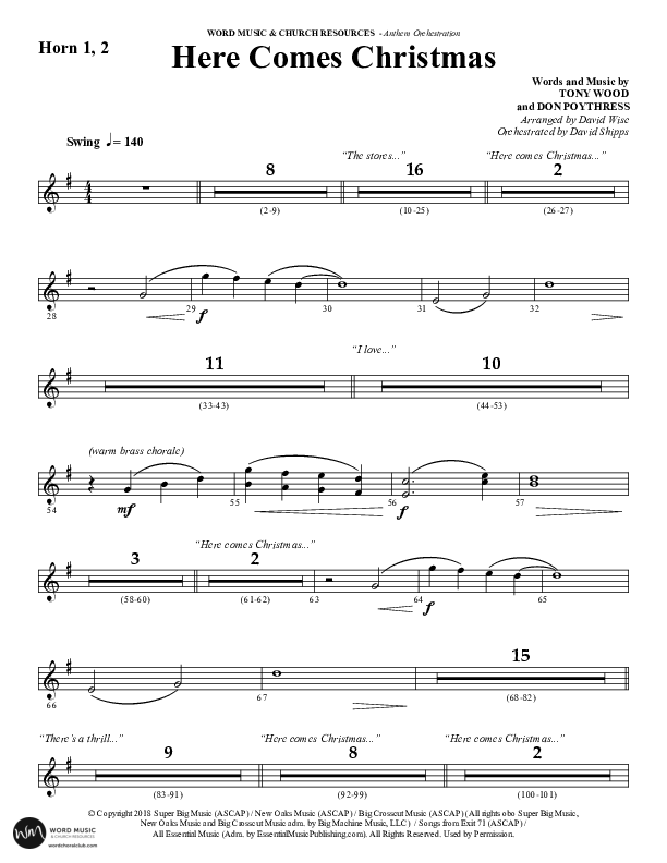 Here Comes Christmas (Choral Anthem SATB) French Horn 1/2 (Word Music Choral / Arr. David Wise / Arr. David Shipps)