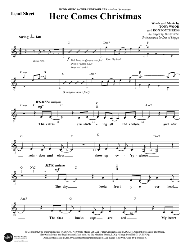 Here Comes Christmas (Choral Anthem SATB) Lead Sheet (Melody) (Word Music Choral / Arr. David Wise / Arr. David Shipps)