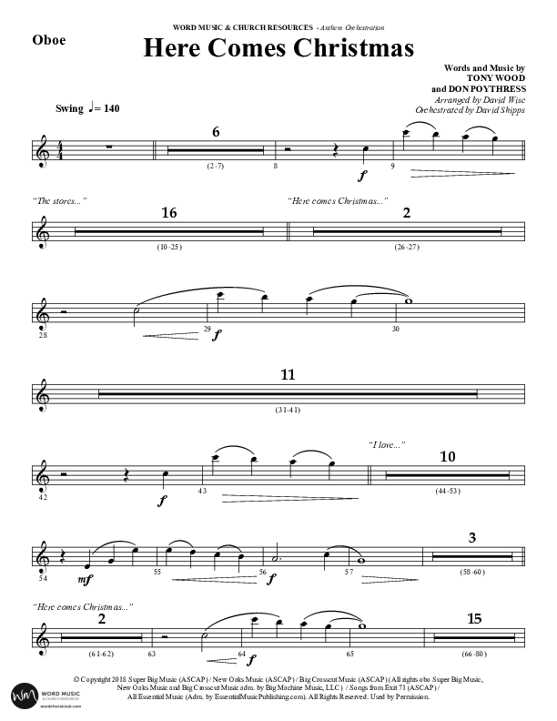 Here Comes Christmas (Choral Anthem SATB) Oboe (Word Music Choral / Arr. David Wise / Arr. David Shipps)