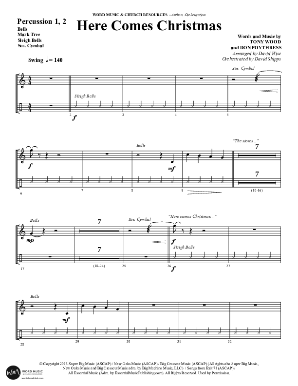 Here Comes Christmas (Choral Anthem SATB) Percussion 1/2 (Word Music Choral / Arr. David Wise / Arr. David Shipps)