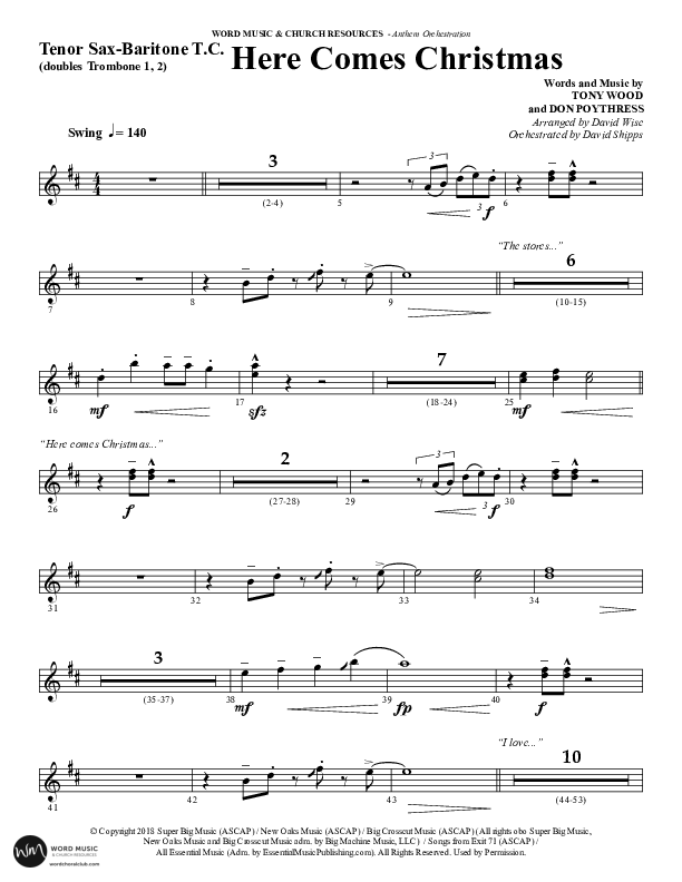 Here Comes Christmas (Choral Anthem SATB) Tenor Sax/Baritone T.C. (Word Music Choral / Arr. David Wise / Arr. David Shipps)