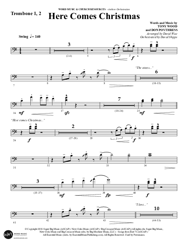 Here Comes Christmas (Choral Anthem SATB) Trombone 1/2 (Word Music Choral / Arr. David Wise / Arr. David Shipps)