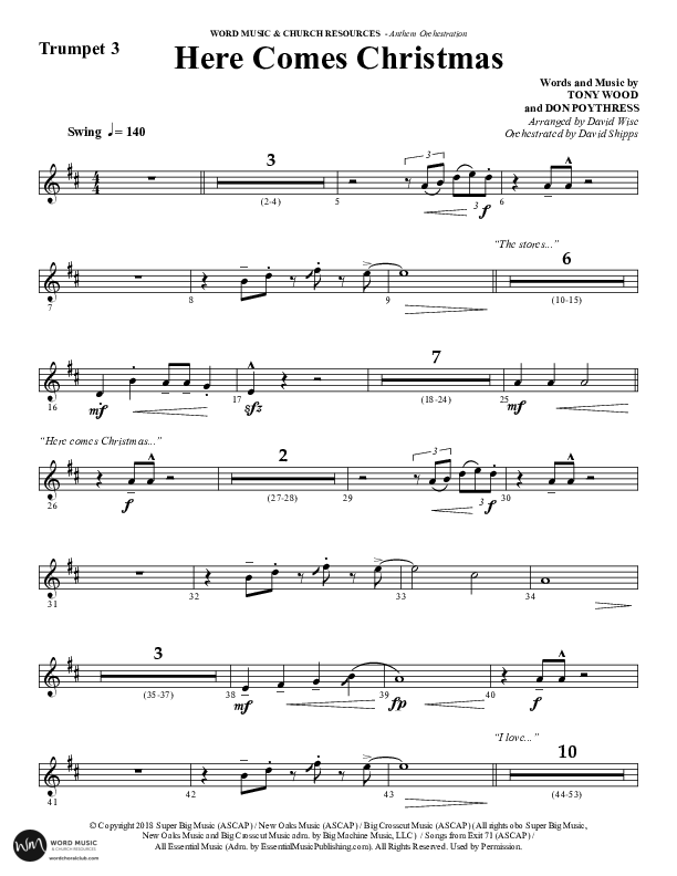 Here Comes Christmas (Choral Anthem SATB) Trumpet 3 (Word Music Choral / Arr. David Wise / Arr. David Shipps)