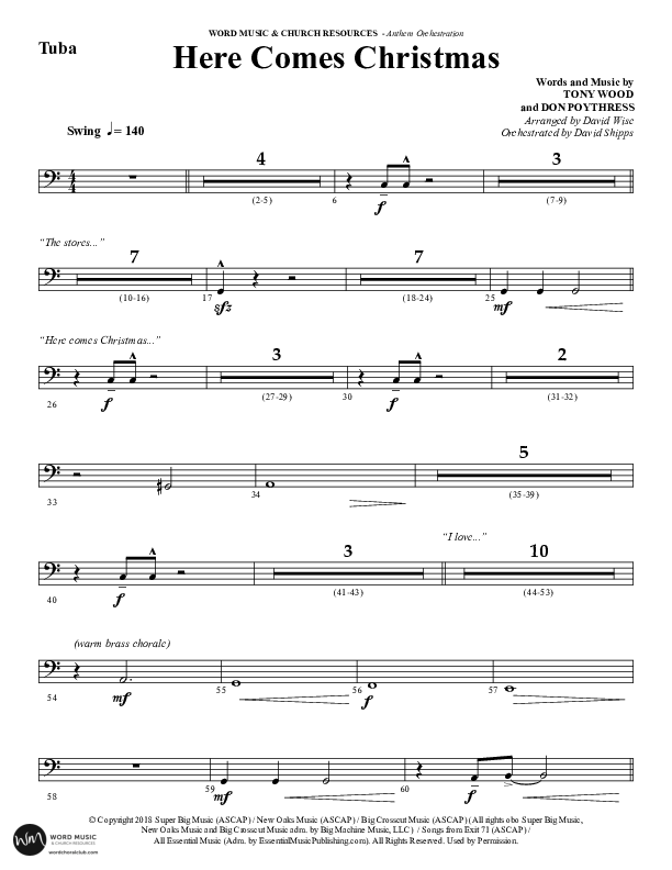 Here Comes Christmas (Choral Anthem SATB) Tuba (Word Music Choral / Arr. David Wise / Arr. David Shipps)