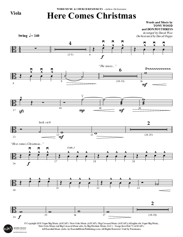 Here Comes Christmas (Choral Anthem SATB) Viola (Word Music Choral / Arr. David Wise / Arr. David Shipps)