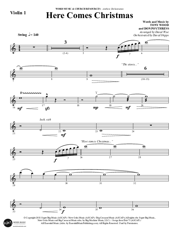 Here Comes Christmas (Choral Anthem SATB) Violin 1 (Word Music Choral / Arr. David Wise / Arr. David Shipps)