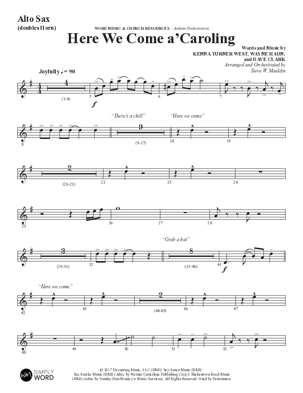 Here We Come A Caroling (Choral Anthem SATB) Alto Sax (Word Music Choral / Arr. Steve Mauldin)