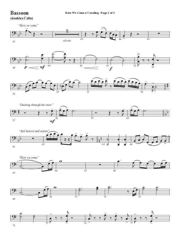 Here We Come A Caroling (Choral Anthem SATB) Bassoon (Word Music Choral / Arr. Steve Mauldin)