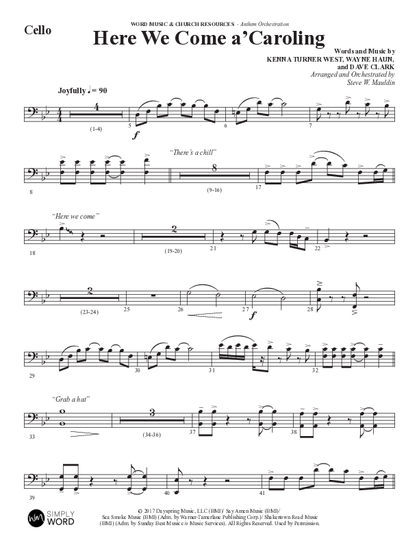 Here We Come A Caroling (Choral Anthem SATB) Cello (Word Music Choral / Arr. Steve Mauldin)