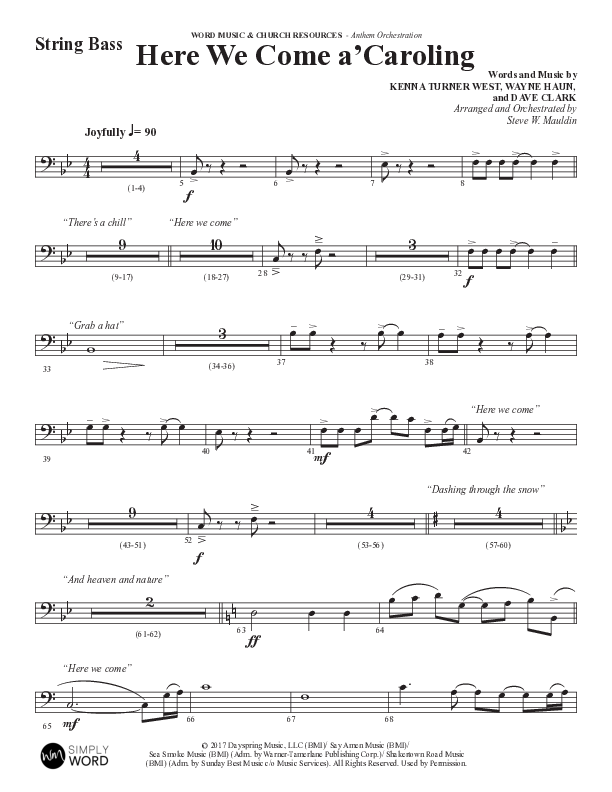 Here We Come A Caroling (Choral Anthem SATB) Double Bass (Word Music Choral / Arr. Steve Mauldin)