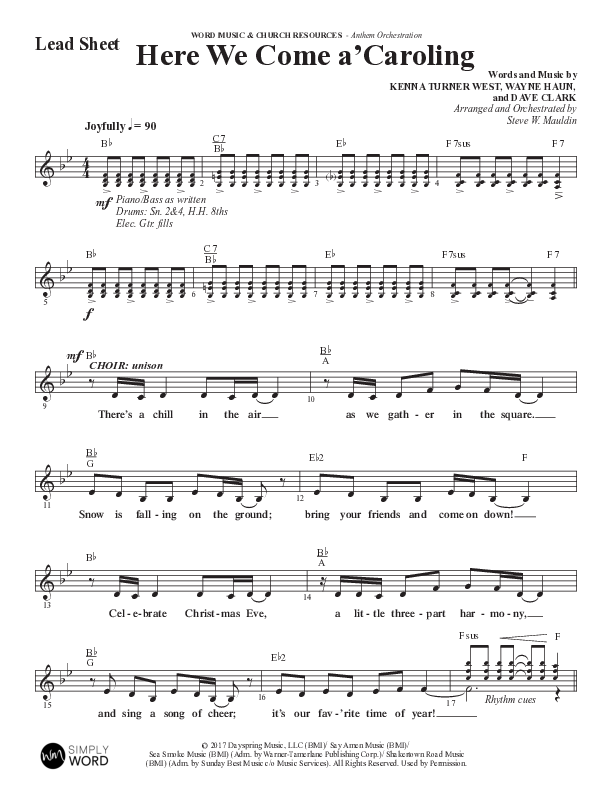 Here We Come A Caroling (Choral Anthem SATB) Lead Sheet (Melody) (Word Music Choral / Arr. Steve Mauldin)