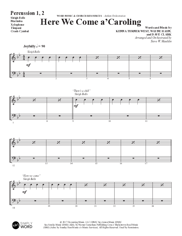 Here We Come A Caroling (Choral Anthem SATB) Percussion 1/2 (Word Music Choral / Arr. Steve Mauldin)