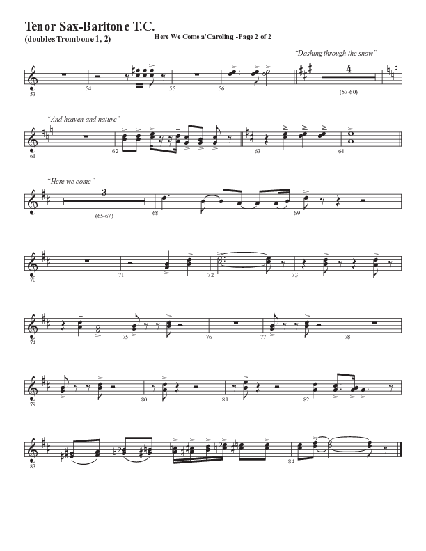 Here We Come A Caroling (Choral Anthem SATB) Tenor Sax/Baritone T.C. (Word Music Choral / Arr. Steve Mauldin)