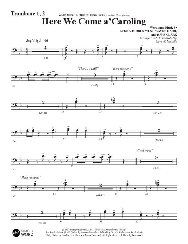 Here We Come A Caroling (Choral Anthem SATB) Trombone 1/2 (Word Music Choral / Arr. Steve Mauldin)