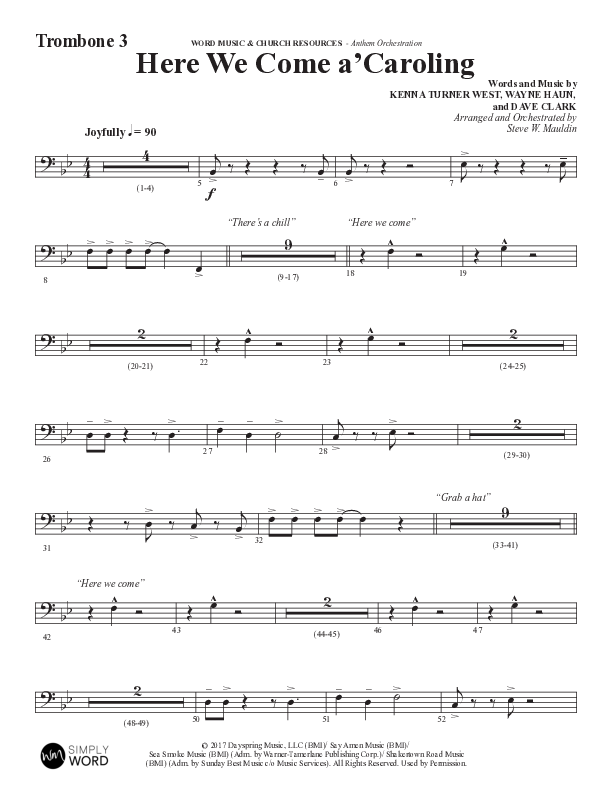 Here We Come A Caroling (Choral Anthem SATB) Trombone 3 (Word Music Choral / Arr. Steve Mauldin)