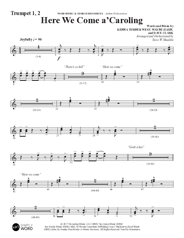 Here We Come A Caroling (Choral Anthem SATB) Trumpet 1,2 (Word Music Choral / Arr. Steve Mauldin)