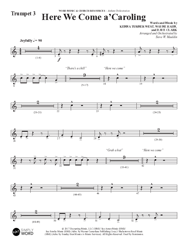 Here We Come A Caroling (Choral Anthem SATB) Trumpet 3 (Word Music Choral / Arr. Steve Mauldin)