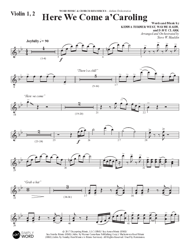 Here We Come A Caroling (Choral Anthem SATB) Violin 1/2 (Word Music Choral / Arr. Steve Mauldin)
