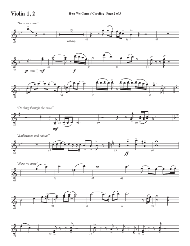 Here We Come A Caroling (Choral Anthem SATB) Violin 1/2 (Word Music Choral / Arr. Steve Mauldin)