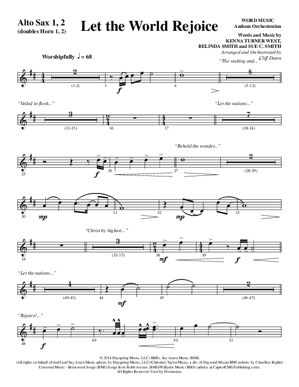 Let The World Rejoice (Choral Anthem SATB) Alto Sax 1/2 (Word Music Choral / Arr. Cliff Duren)
