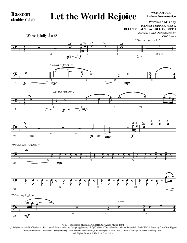 Let The World Rejoice (Choral Anthem SATB) Bassoon (Word Music Choral / Arr. Cliff Duren)
