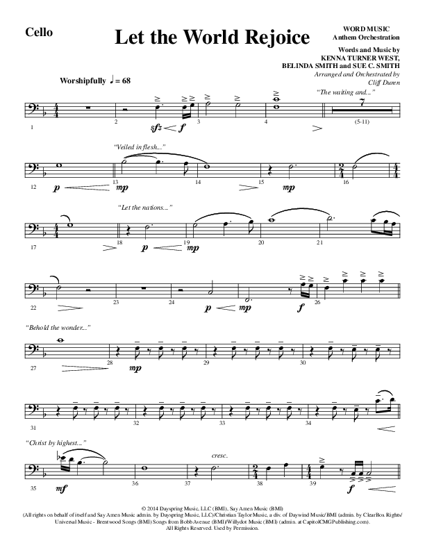 Let The World Rejoice (Choral Anthem SATB) Cello (Word Music Choral / Arr. Cliff Duren)